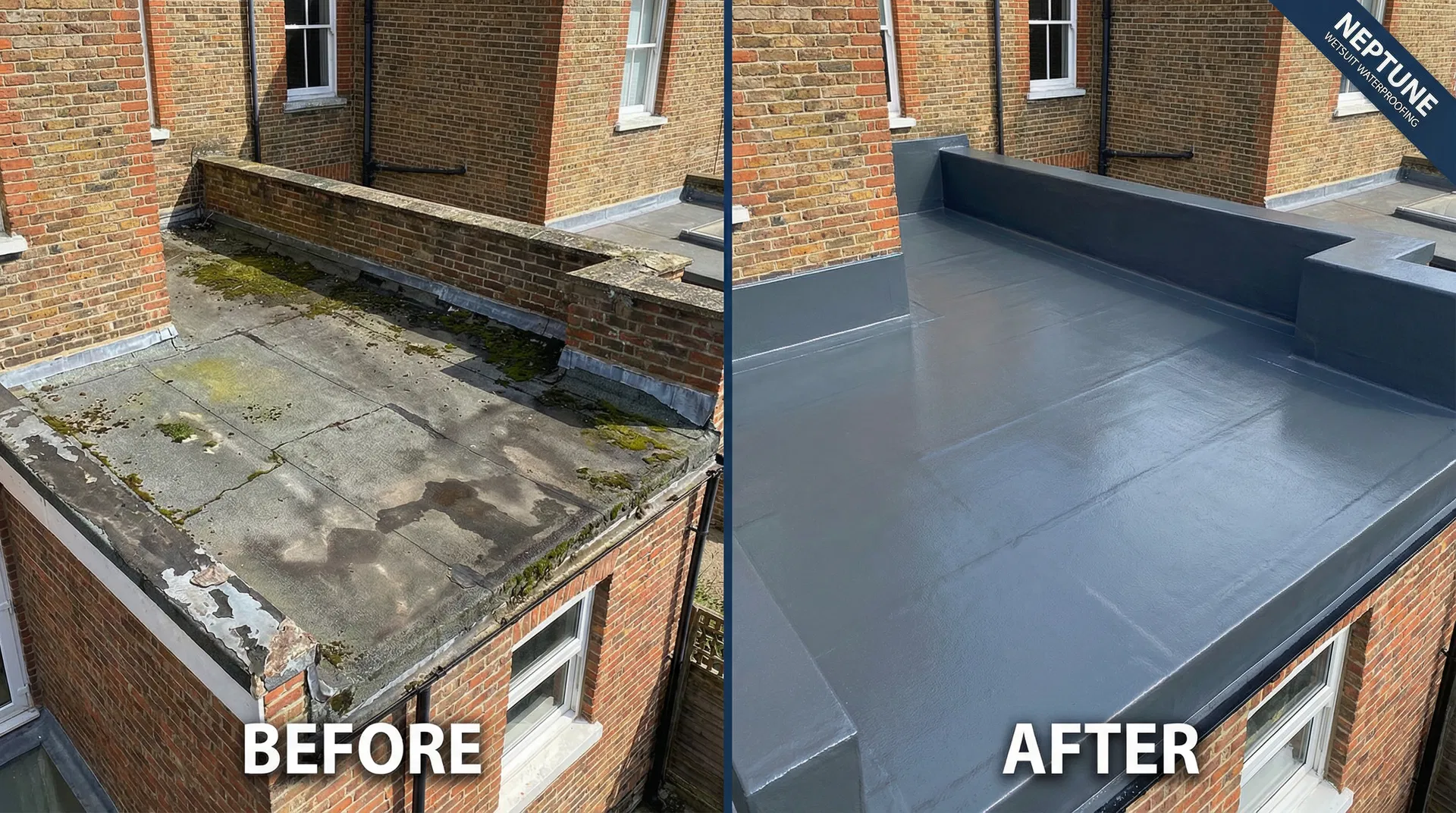 Before and after WetSuit flat roof waterproofing on a Surrey property